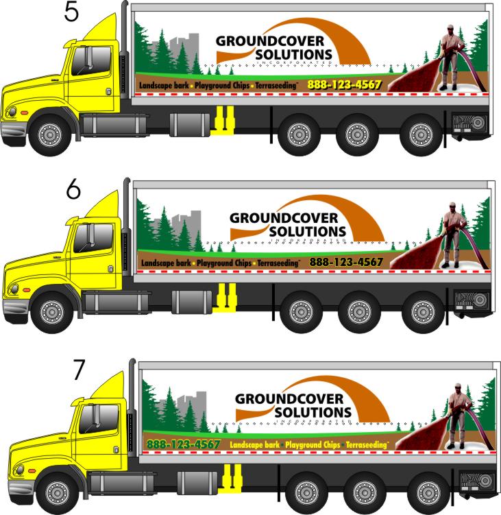 Three yellow trucks with trailers for Groundcover Solutions. The trailers have graphics of trees, buildings, and a worker spreading mulch