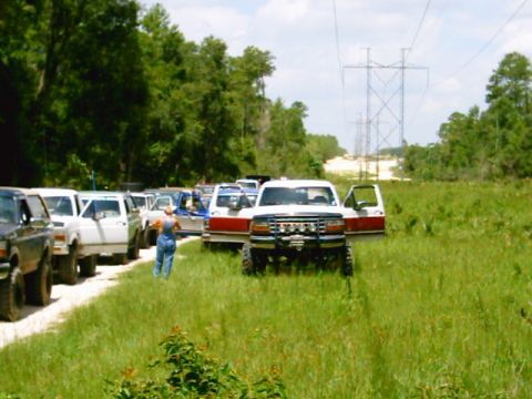 1995 Ford Bronco - A group of Ford trucks and SUVs are parked off a dirt road in a grassy, wooded area.