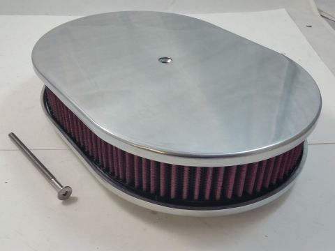 1982 Ford Bronco - Oval air cleaner assembly with red filter element and chrome lid, shown with a separate bolt.