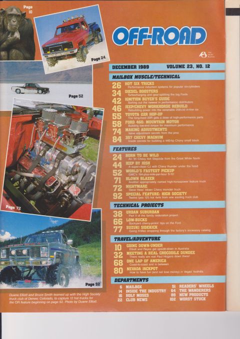 1978 Ford Bronco - A red pickup truck with dual rear wheels is shown on a sandy incline, featured on the cover of Off-Road magazine.