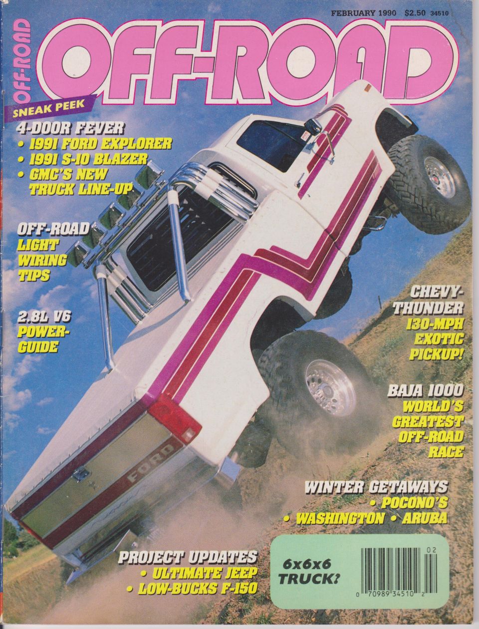 Off-Road magazine February 1990 cover with a lifted white Ford pickup climbing a dirt hill