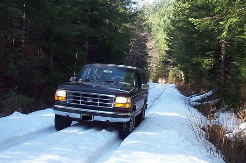 1995 Ford Bronco - A Ford Bronco navigates a snow-covered path through a dense forest, with another vehicle in the distance.