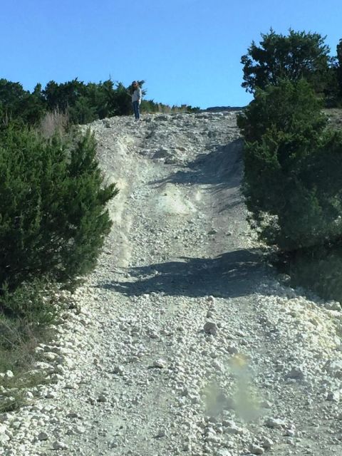 1996 Ford Bronco - A person stands on a rocky incline surrounded by trees under a clear blue sky.