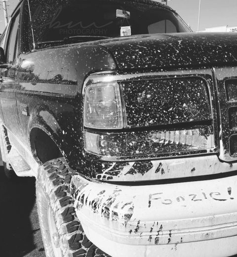 1996 Ford Bronco - This 1996 Ford Bronco has been splattered with white material, with "Fonzie!" written on the bumper.