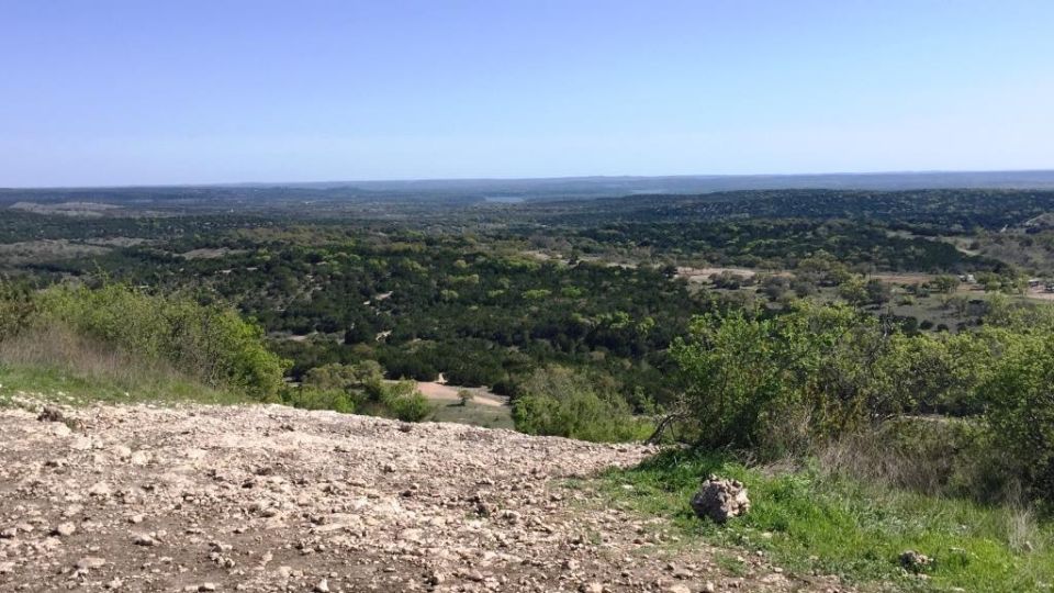 Overlook of a green, wooded valley under a bright blue sky, with a rocky foreground