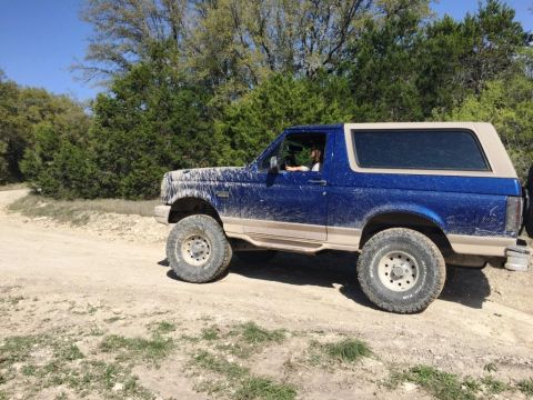 1996 Ford Bronco - A blue 1996 Ford Bronco is shown from the side, driving on a dirt path with trees in the background.