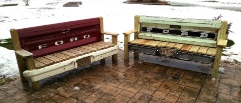 1994 Ford Bronco - Repurposed Ford truck beds and bumpers create unique outdoor seating arrangements.