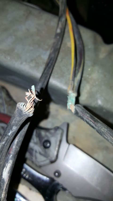 1978 Ford Bronco - Close-up of damaged electrical wiring, showing frayed copper and corrosion.