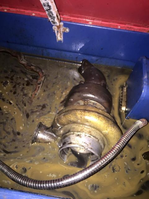 1995 Ford Probe - A turbocharger sits in a container filled with dirty, yellowish liquid, with a metal hose nearby.