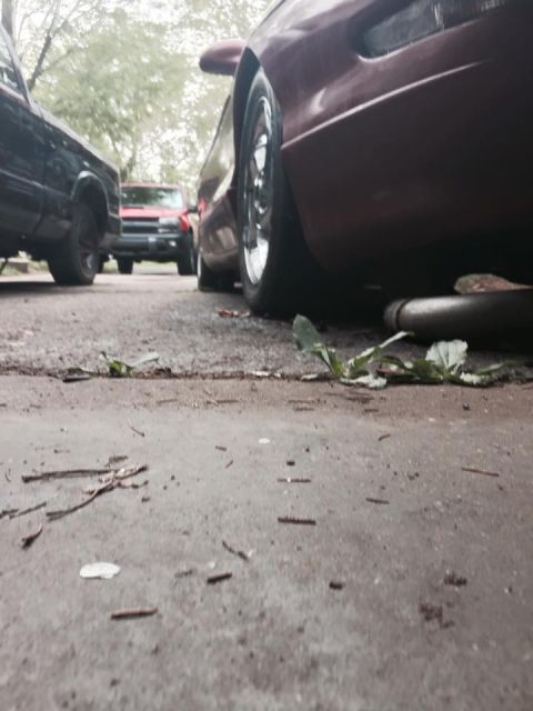 1995 Ford Probe - A low-angle shot shows the side of a dark red car, likely a 1995 Ford Probe, parked on a gravel surface next to a black pickup truck. The c…