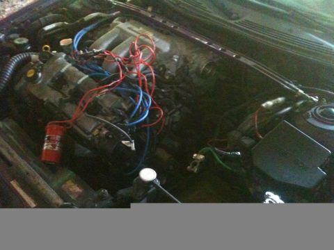 1995 Ford Probe - The engine bay is visible, a tangle of red and blue wires and a red fire extinguisher mounted on the side.