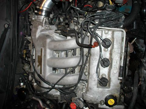 1995 Ford Probe - A close-up view of the engine bay of a Ford Probe, showing the intake manifold, valve cover with Ford branding, spark plug wires, and vario…