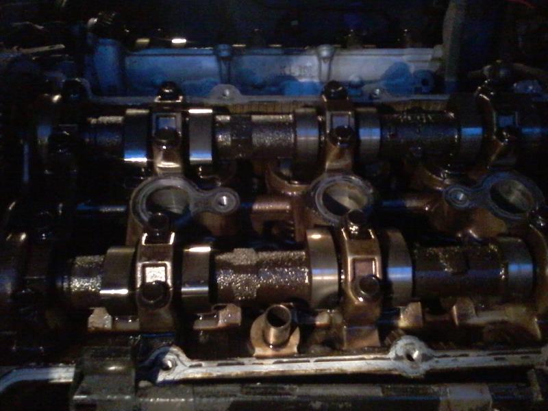 Close-up of engine camshafts and valve train components covered in oil.