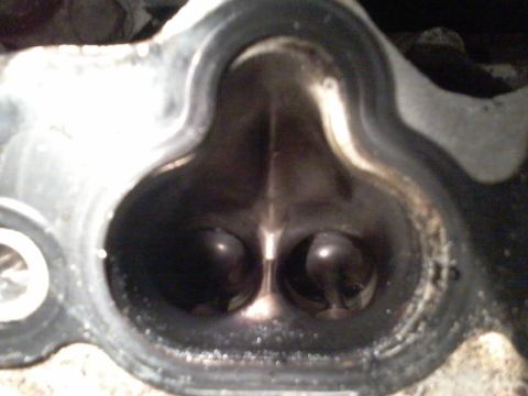 1995 Ford Probe - This is a close-up view of the intake ports and valves of an engine cylinder head. The ports are dark and appear to have carbon buildup, wh…