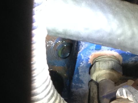 1979 Ford Bronco - A close-up view of a blue painted metal component with a brass fitting and a ribbed hose attached. There is a green liquid visible in a sma…