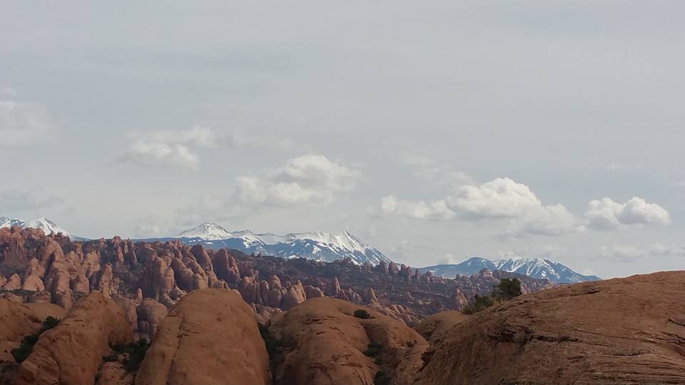 Red rock desert landscape with snow-capped mountains in the background.