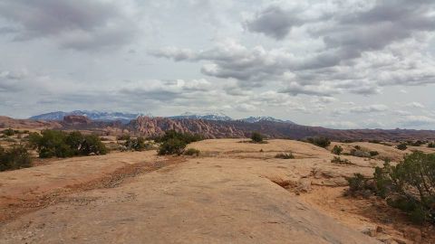 1979 Ford Bronco - A vast, arid landscape with red rock formations in the middle ground and snow-capped mountains in the distance under a cloudy sky.