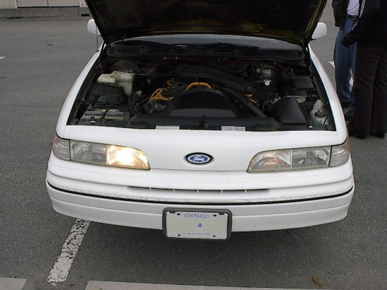White 1992 Ford Crown Victoria with hood open, showing engine. Ontario license plate visible