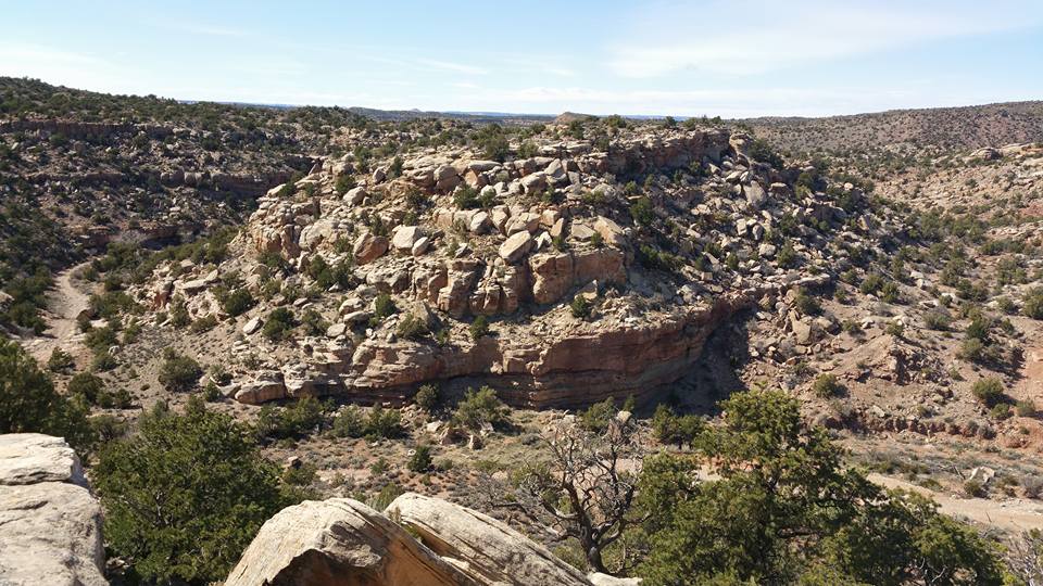 Rocky canyon landscape with sparse green trees and a dirt path.