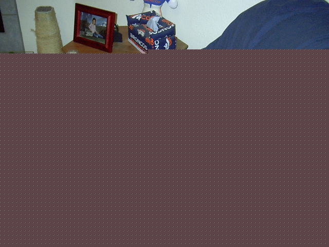 Tissue box with "BRONCOS" text and a framed photo on a shelf