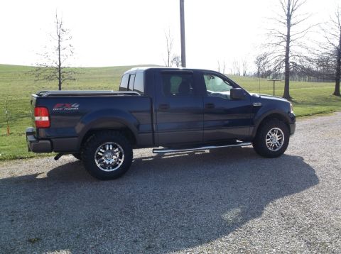 2005 Ford F-150 - This dark blue Ford F-150 is shown from the rear quarter angle, parked on a gravel surface with a grassy field behind it.