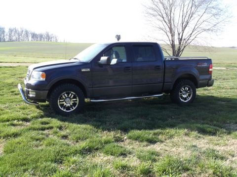 2005 Ford F-150 - Dark blue 2005 Ford F-150 crew cab pickup truck with aftermarket wheels and a chrome bull bar.