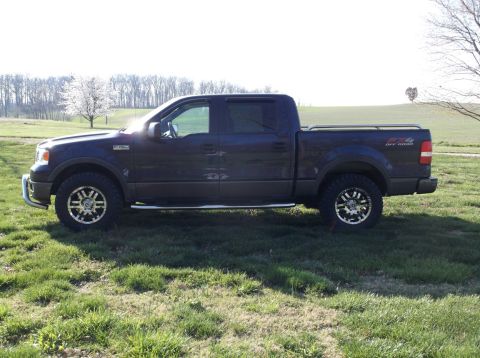 2005 Ford F-150 - A dark blue Ford F-150 pickup truck is parked on a grassy field with trees in the background.