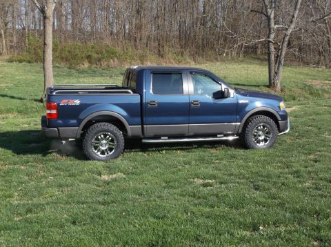 2005 Ford F-150 - A blue Ford F-150 pickup truck is shown from the side, parked on a grassy area with trees.