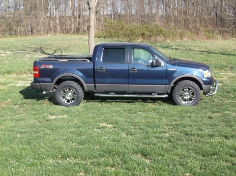 2005 Ford F-150 - This blue Ford F-150 pickup truck is shown from the side in a grassy field.