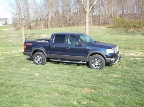 2005 Ford F-150 - A dark blue 2005 Ford F-150 pickup truck is shown from the front three-quarter angle, parked on a grassy area.