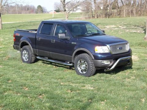 2005 Ford F-150 - Dark blue 2005 Ford F-150 FX4 pickup truck with aftermarket chrome wheels and a front bull bar.
