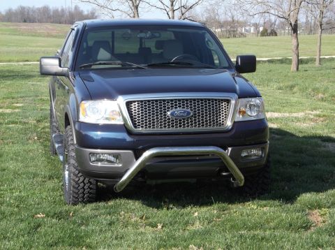 2005 Ford F-150 - Dark blue Ford F-150 pickup truck parked on grass, showing front grille and bull bar.