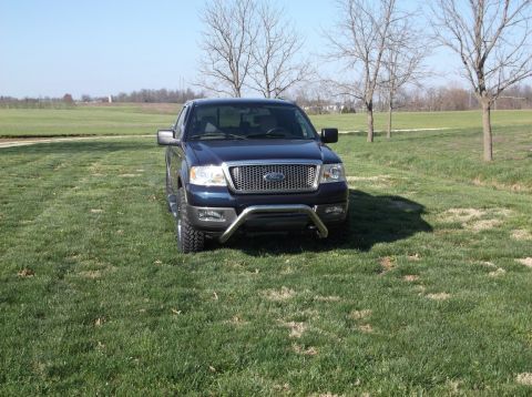 2005 Ford F-150 - A blue Ford F-150 truck is parked on a grassy field under a clear sky.