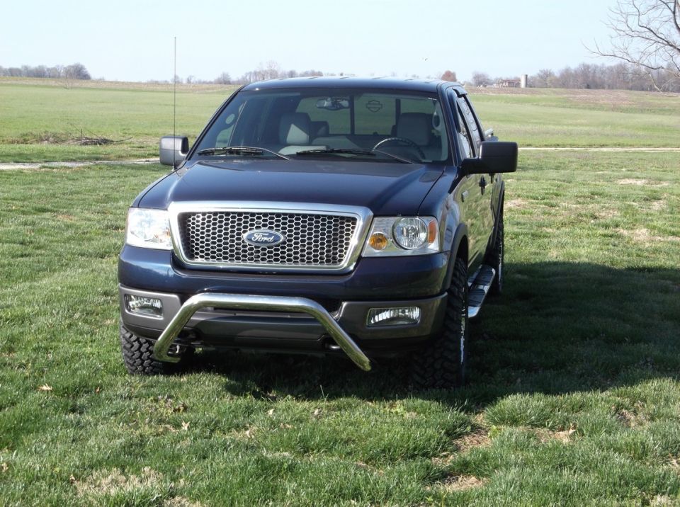 Dark blue Ford F-150 truck with a chrome bull bar and aftermarket wheels, parked on grass