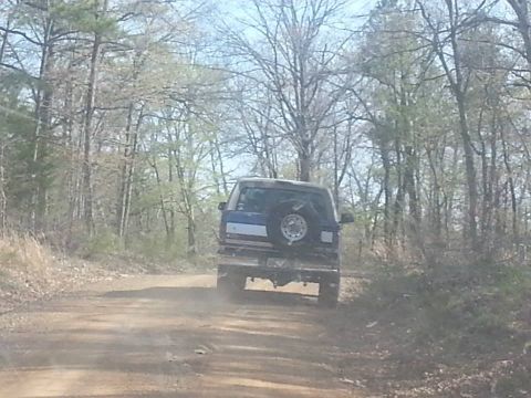1996 Ford Bronco - A blue SUV kicks up dust as it drives down a dirt road surrounded by trees.