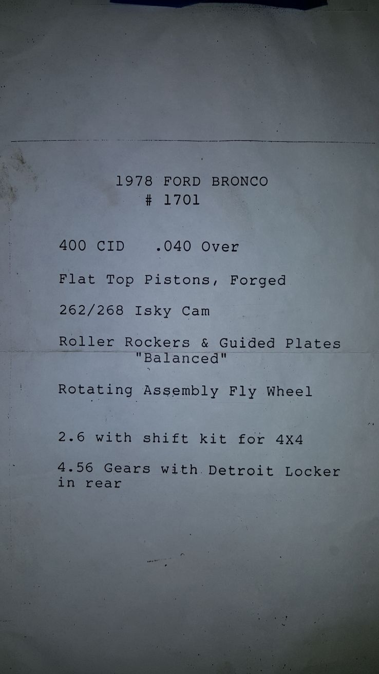 Typed document listing engine specifications for a 1978 Ford Bronco