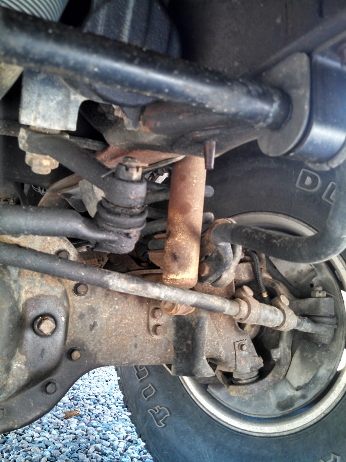 Old Stuff: Rough Country 2.5" lifted coils & old Hecklethorn shocks, stock steering box & pitman arm, original location of the tie rod ends.