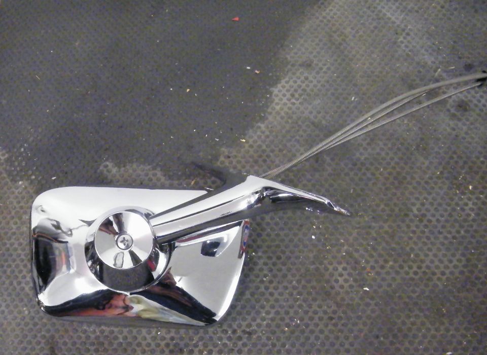 Chrome side mirror with a circular mounting plate and a curved arm
