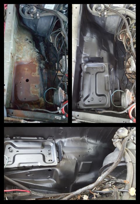 1978 Ford Bronco - This is a three-panel image showing the process of cleaning and painting a vehicle's engine bay. The first panel shows the bay before clean…