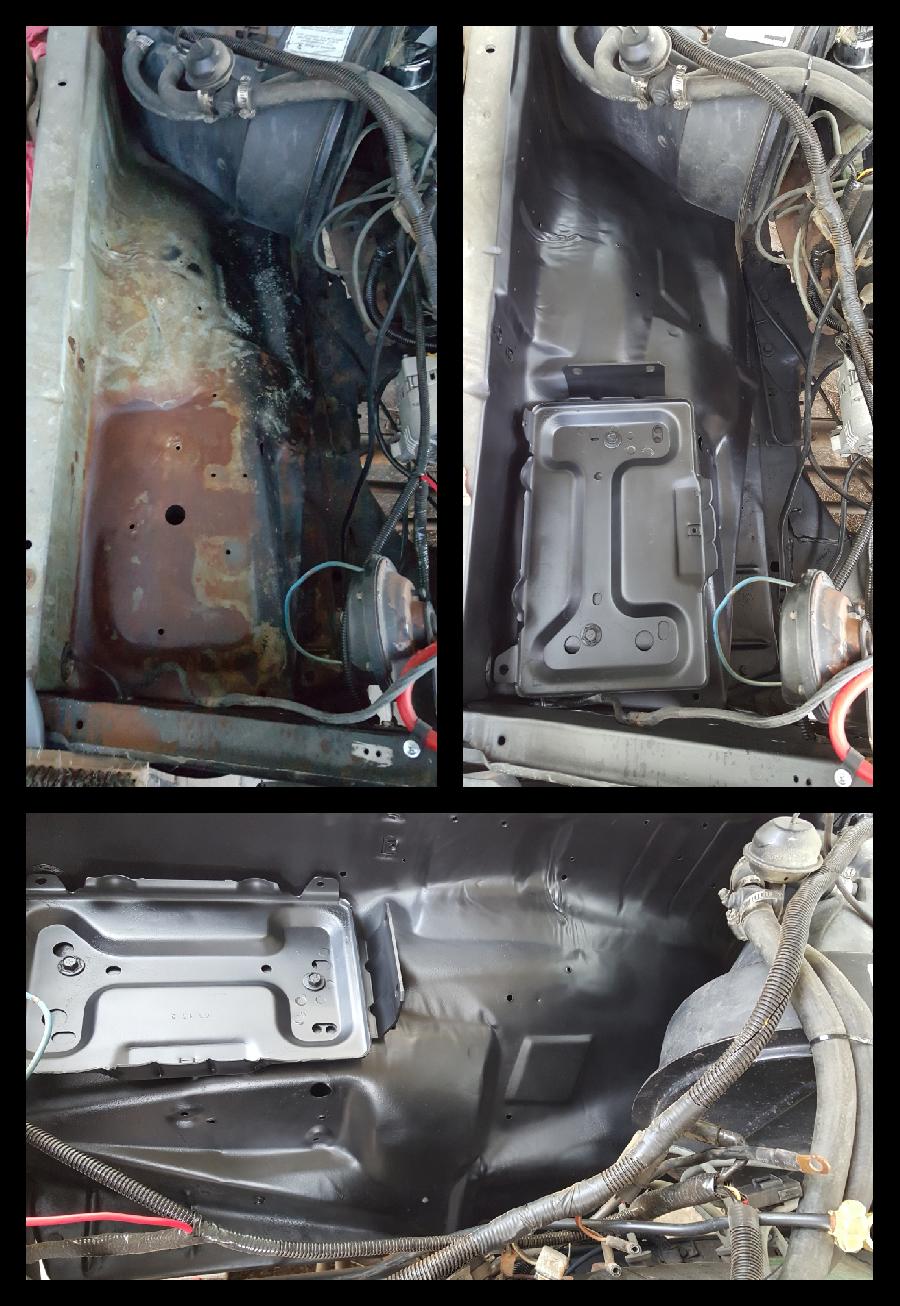 Engine bay cleaning and painting process, showing before and after.