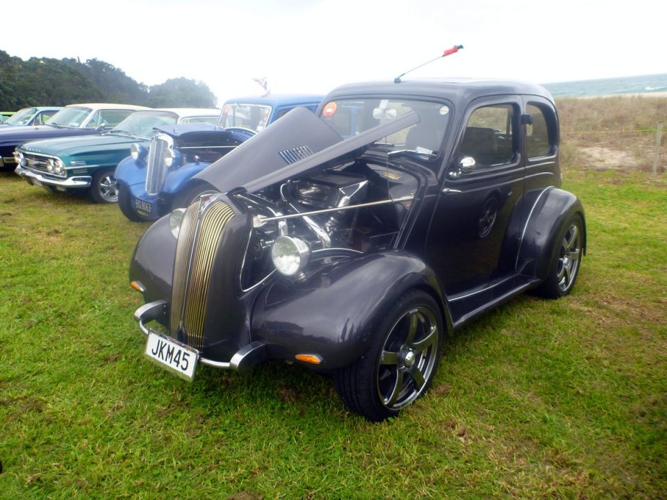 Dark purple hot rod with hood open, parked on grass near the ocean.