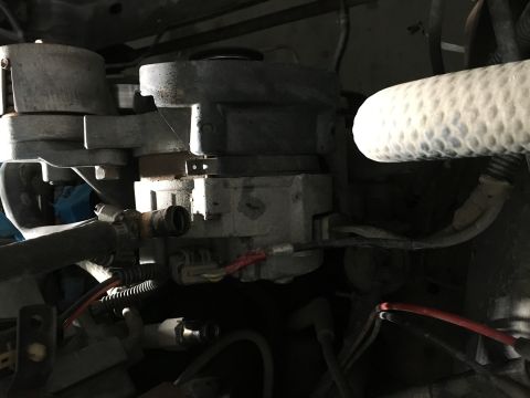 1987 Ford Bronco - Close-up view of an alternator and associated hoses and wiring in an engine bay. A ribbed hose is visible in the upper right corner.