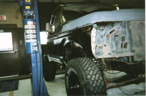 1978 Ford Bronco - This 1978 Ford Bronco is undergoing repairs and is currently on a vehicle lift.