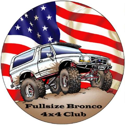 1992 Ford Bronco - Round club logo showing a cartoon white lifted full-size Bronco 4x4 with red coil springs, tube front bumper with light bar and oversized m…