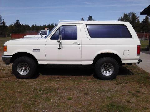 1990 Ford Bronco - The side view of a white 1990 Ford Bronco is shown parked on a grassy area with trees in the background. The vehicle has tinted windows, a…