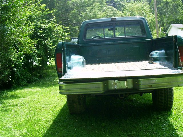 Rear view of a green pickup truck with the tailgate down, showing the bed with two large ice blocks inside