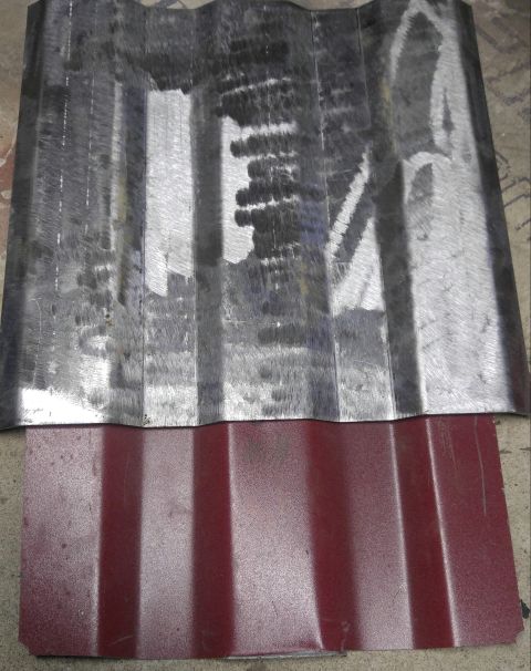 1991 Ford Bronco - Two pieces of corrugated metal sheeting are shown. The top piece is weathered and appears to be unfinished metal, while the bottom piece is…