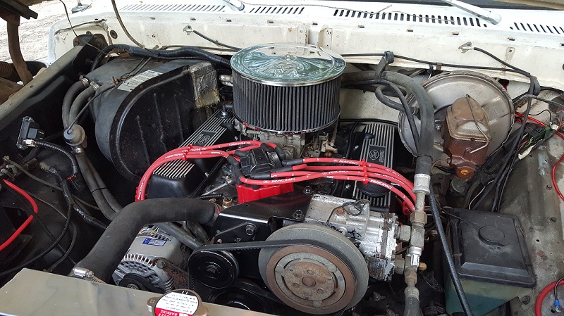 Engine bay of a classic Ford truck with V8 engine, chrome air cleaner, and red spark plug wires.