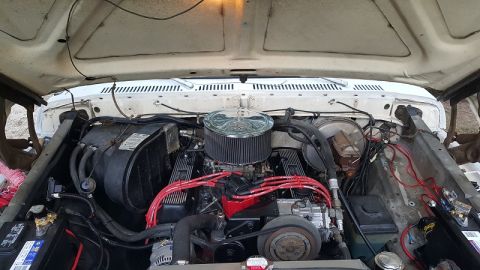 1978 Ford Bronco - The engine bay of a classic Ford Bronco is shown, featuring a V8 engine with a chrome air cleaner, red spark plug wires, and custom valve c…