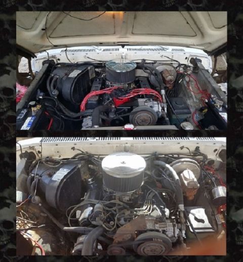 1978 Ford Bronco - This is a top-down view of a white Ford Bronco's engine bay, showing the engine, air filter, battery, and various hoses and wires. The imag…